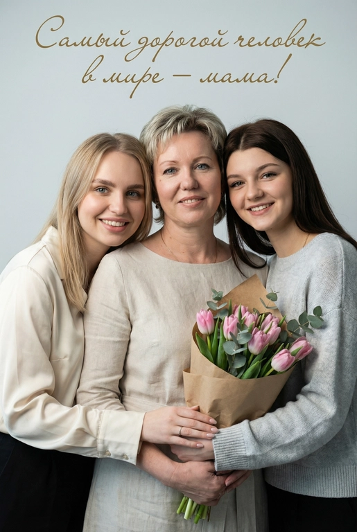 Создай трогательный кадр из профессиональной фотосессии в студии, где запечатлен момент близости матери и ее ребенка/детей. Дети могут быть как взрослыми так и детьми, в зависимости от предоставленных фото. Сделай так, чтобы все они смотрелись гармонично и трогательно. Мама одета в светлое платье. Ее дети/ребенок одеты в подходящую по стилю фотосессии. Освещение холодное. Фон светлый, бесшовный. Фото в стиле Энни Лейбовиц, четкий фокус. У мамы в руках букет розовых тюльпанов и эвкалипта в крафтовой бумаге. Люди смотрят в камеру с мягкой улыбкой. Наверху поверх фото красивым рукописным шрифтом с завитками написано:  Самый дорогой человек в мире – мама!