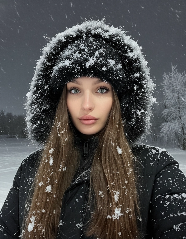 Селфи крупным планом, сделанное ночью на улице во время сильного снегопада. У женщины выразительные волосы и выразительные глаза, на ресницах и волосах которой лежат снежинки. На ней зимняя шапка из искусственного меха, почти полностью покрытая снегом, и пуховая куртка, припорошённая снегом на плечах и воротнике.
Освещение: мягкий холодный ночной свет сверху и немного спереди, создающий лёгкое свечение на щеках и лёгкие блики на куртке.
Поза: она держит камеру чуть ниже уровня глаз, уверенно снимая своё лицо снизу вверх; губы слегка приоткрыты, выражение лица спокойное, но выразительное. Фон: тёмное зимнее ночное небо, едва заметные ветви деревьев, слегка покрытые инеем, минимальная видимость для создания драматического настроения. Атмосфера: холодная, кинематографичная, с чистой зимней энергией; стильный современный снежный портрет с естественной текстурой и деталями. Шапка и куртка черного цвета.