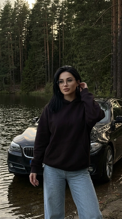 Ультрареалистичная lifestyle-фотография модели на природе, снятая на iPhone 16 Pro Max. Вертикальный кадр, Модель показана примерно до верхней части бёдер. Модель стоит возле автомобиля на берегу спокойного озера среди высокого хвойного леса, передняя часть автомобиля развёрнута к камере и хорошо читается в кадре. Корпус модели слегка развёрнут в сторону, одна рука поднята к затылку или возле уха, вторая свободно опущена. Голова немного повернута в сторону, взгляд направлен мимо камеры, выражение лица спокойное, уверенное и расслабленное.

На модели  Худи с капюшоном и джинсы. Свободный, оверсайз худи с капюшоном, низ - свободный wide джинсы светло-синего цвета. Образ выглядит спокойно, дорого и естественно..

Если модель женского пола, то у нее в ушах крупные серьги-кольца.
Если модель женского пола, то у ее макияж clean soft glam: естественно сияющая кожа с реалистичной текстурой, мягко подчёркнутые глаза, длинные ресницы, нюдовые губы с лёгким глянцевым блеском. 

Без пластиковой кожи и без чрезмерного сглаживания.

Позади модели видны озеро, отражения воды, высокий хвойный лес и припаркованный автомобиль бренда/марки BMW 5 Series.

Освещение — поздний вечерний golden hour. Свет мягкий, приглушённый и направленный, солнце низкое, частично скрыто деревьями. На лице и одежде мягкие тёплые блики, но без яркого свечения. Тени глубже, свет не воздушный и не пересвеченный.

Цветокоррекция тёмная, приглушённая и естественная, ближе к реальному iPhone-кадру в вечернем лесу: немного пониженная экспозиция, спокойные тёмно-зелёные и коричнево-оливковые оттенки леса, глубокий чёрный цвет автомобиля с глянцевыми отражениями, мягкие молочно-бежевые тона одежды, тёплые, но сдержанные солнечные блики. Общий контраст мягкий, но глубокий, без яркой насыщенности, без светлого airy-эффекта, без оранжевого перегрева.

Живой случайный кадр, luxury candid aesthetic, лёгкая естественная зернистость, реалистичная текстура кожи, ткани, воды и автомобиля, без глянцевой ретуши и без AI-эффекта.