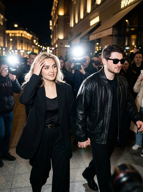 Ultra-realistic nighttime paparazzi-style photograph. A candid shot of a couple walking at night. The woman walks in front, brushing her hair back with one hand, while the man walks slightly behind her at a diagonal angle. They are holding hands. The camera is positioned slightly above eye level with a close zoom.
Preserve the celebrity magazine photography aesthetic exactly.
The faces MUST NOT change. The original facial features, eyes, nose, lips, hairline, and skin texture must remain completely identical. There should be no AI-generated look.

The man is wearing a loose oversized black leather jacket and Ray-Ban sunglasses. Charismatic, wealthy, and stylish look.
The scene is shot at night with a harsh paparazzi flash. In the background, there are blurred city lights and the atmosphere of a luxury venue. The photo should look as if a celebrity couple was secretly photographed by paparazzi, natural yet professionally captured.
Canon EOS R5, 85mm lens, ultra-realistic skin texture, cinematic lighting, natural motion, Vogue and celebrity magazine aesthetic.
IMPORTANT:
* The woman walks in front, the man walks behind.
* The woman appears to be brushing her hair back with one hand.
* The woman and man are holding hands.
* The shot should look as if a paparazzi flash has just fired.
* Do not alter, beautify, or transform the faces into different people.

Выберите одежду для девушки: : The woman is wearing a black old money outfit: relaxed yet extremely elegant, with an oversized black blazer or a loose black top, wide black trousers, and a luxurious minimal appearance. Quiet luxury aesthetic.