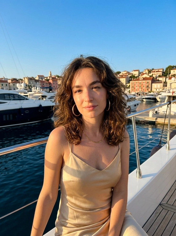 Фотореалистичное фото на яхте в золотой час. Камера: full frame, 85mm, f/2.2, ISO 100, 1/1000. Женщина сидит на яхте у воды, корпус фронтально, плечи слегка расслаблены, голова чуть поднята вверх, взгляд направлен в камеру из-под ресниц, выражение нежное, спокойное, лёгкая улыбка. Кадр по плечи.  Украшения: крупные золотистые серьги и короткая золотистая цепочка на шее. Фон: тёмно-синяя вода, яхты, светлый прибрежный город вдали, чистое голубое небо. Свет тёплый, жёсткий солнечный, средиземноморская летняя editorial-эстетика, живая детализация кожи и ткани.

Какое будет платье?: На ней платье-комбинация