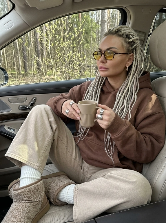 Модель сидит на переднем пассажирском сиденье элегантного автомобиля, повернувшись полубоком к камере, лицо к камере повернуто в три четверти, взгляд направлен вдаль мимо камеры, на ней огромная оверсайз плюшевая толстовка цвета молочного шоколада с капюшоном поверх широких джинсов бежевого цвета, толстые белые носки и уютные уги бежевого цвета с детализированной текстурой. У модели естественный макияж и взъерошенные волосы видны из-под капюшона. На лице надеты солнцезащитные очки в стиле ретро с жёлтыми линзами, в ушах небольшие серьги-кольца. В руках она держит матово-бежевую кофейную чашку с ребристым узором. На пальцах модели крупные серебряные кольца, на которые падает мягкий дневной свет. За окном вид на приглушённый весенний лес с зеленеющими почками на деревьях. Композиция на уровне глаз с небольшой глубиной резкости чётко фокусируется на ней и чашке, в то время как рассеянный дневной свет создаёт резкие тени и блики. Приглушённая палитра серых, чёрных, белых и древесных тонов создаёт уютное весеннее настроение в стиле минимализма благодаря модному редакторскому стилю и гиперреалистичным текстурам.