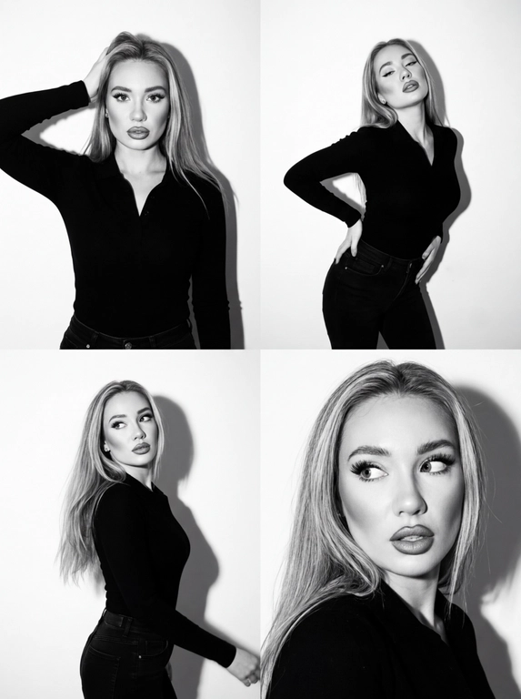 Коллаж ч/б, коллаж 2×2 из 4 ультрареалистичных фото. Стиль: ч/б, high contrast, эстетика плёнки 90-х (Pentax K1000 + Kodak Tri-X 400), заметное film grain. Свет: жёсткий студийный flash, чёткая тень на белой стене. Локация: минималистичная студия, белый фон. Модель: та же женщина (внешность не менять). Одежда: чёрный облегающий лонгслив-поло + чёрные джинсы. Макияж: matte sculpted — контуринг, пухлые губы с карандашом, густые ресницы, высокая детализация лица. Кадры: 1. верх-лево — портрет по грудь, рука за головой, прямой уверенный взгляд (Vogue 1995 vibe). 2. верх-право — план по бёдра, руки на талии, изогнутый корпус, голова назад или вбок, half-closed eyes. 3. низ-лево — полупрофиль в движении, разворот головы и корпуса, dreamy взгляд в сторону, тень профиля. 4. низ-право — close-up, голова к плечу, игривый взгляд исподлобья, фокус на глазах и губах. Не менять лицо и цвет волос. Фото сделано на iPhone 17 Pro Max со вспышкой.


Какая будет прическа?: Не изменять мою прическу