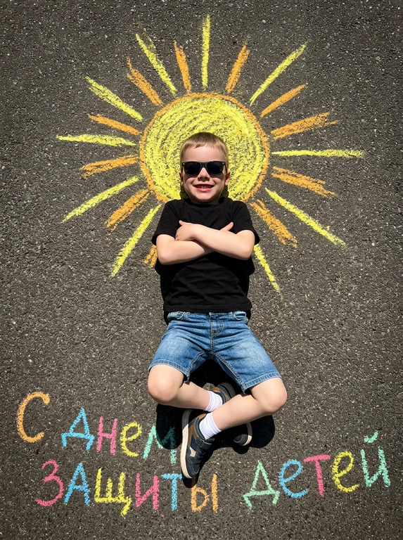 Top-down shot of a child lying on dark grainy asphalt. A bright chalk-drawn sun with radiant rays is drawn above the child’s head. The child is wearing black sunglasses, a black t-shirt, denim shorts, and sneakers with white socks. Arms crossed on chest, legs bent and crossed at ankles. Vibrant chalk sun texture in yellow, orange, and warm golden tones. Harsh midday sunlight, sharp shadows, high contrast. Summery playful atmosphere. On the asphalt below, colorful chalk lettering reads "С днем защиты детей". Photorealistic, 8k, highly detailed texture.