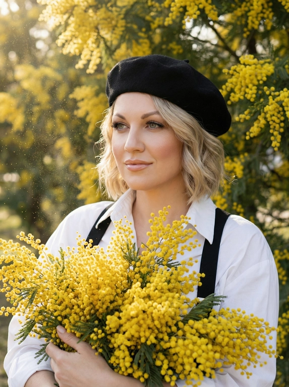  

вертикальный формат 9:16, крупный план от верхней части бёдер/талии до макушки.
 модель занимает почти весь кадр.
Фон - цветущее дерево мимозы. 
Макияж - накладные ресницы (эффект лучики), легкий контуринг, на губах нюдовая помада с блеском, легкий румянец. 
Поза:
Тело развернуто в лёгкие три четверти,
Голова слегка повернута в сторону (влево), взгляд направлен в сторону, не в камеру. Выражение спокойное, уверенное, чувственное, с легкой полуулыбкой.
Она держит в руках огромный букет мимозы, пышный, свежий, прижимает к груди. 
Внешность:
 Объемные волны в стиле old money, длинные, волосы ровно спадают по обеим сторонам груди. Чёрный классический берет.
Одежда:
–белая рубашка свободного кроя,
– чёрные подтяжки поверх рубашки
– чёрные брюки с высокой посадкой (видна только верхняя часть)
Фокус:
Чёткий фокус на лице и зоне груди, фон слегка размытый. Реалистичная текстура кожи, ткани и волос.
высокая детализация, 8K.
Освещение - солнечно, мягкие солнечные лучи сквозь дерево, с эффектом пыльцы в воздухе. 
Плёночный эффект с выраженным зерном,матовые тени,обработка в стиле Kodak Portra 400.Съёмка на 85mm в модном editorial-стиле.
Соотношение сторон 9:16