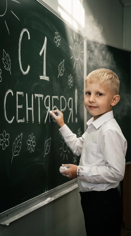Крупный постановочный портрет по пояс: ребенок стоит перед огромной тёмно-зелёной школьной доской, на которой белым мелом нарисованы цветы, листья и маленькие детские рисунки.
Перед объективом в луче света висит тонкая меловая пыль. Ребенок стоит вполоборота, одной рукой дописывает на доске крупную надпись на русском языке :  с 1 сентября!
Второй держит несколько кусочков мела, затем поворачивает лицо к камере, лёгкая улыбка одними только уголками губ.
Белая меловая пыль осталась на кончиках пальцев и немного на рукаве.
Низкая экспозиция, высокий контраст, глубокие тени, приглушенные зелено-молочные цвета, матовый финиш, высокая детализация, объёмный луч света, мягкое боке, плёночное зерно, живой кадр, 8К ,

Пол ребенка? : На мальчике белая рубашка, чёрные брюки. 

Причёска у девочки: Не менять прическу с фото