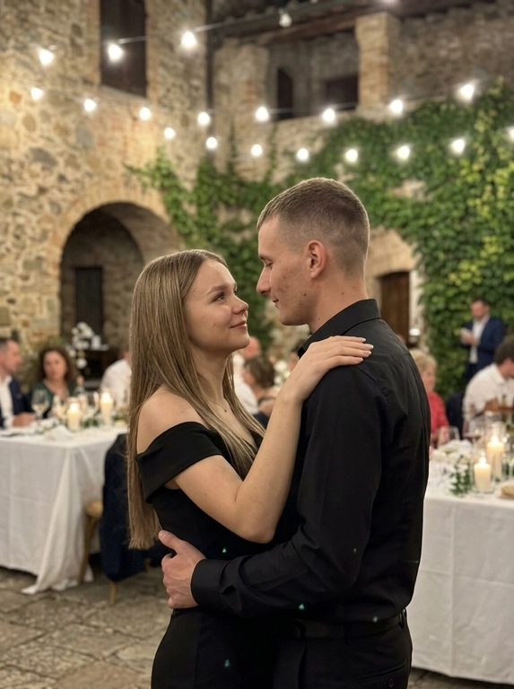 Cinematic realistic photo of a man and a woman slow dancing intimately at night. The man is wearing a black button-up shirt. The woman is wearing an elegant black off-the-shoulder evening dress. They are dancing closely together at an outdoor wedding venue in an old Italian village courtyard. The mood is romantic, tender and intimate. Warm dim lighting comes from distant string lights and candles, creating soft highlights and gentle shadows. In the softly blurred background, wedding tables, decor and a few guests are visible, adding depth and atmosphere without distracting from the couple. Their body language feels natural and emotional, with a deep affectionate look between them. The image should feel like a real candid moment captured from the side by someone nearby, not a staged fashion shoot. Shot on iPhone, ultra-realistic, natural skin texture, realistic fabric details, slight low-light grain, soft background focus, authentic evening atmosphere, high detail.