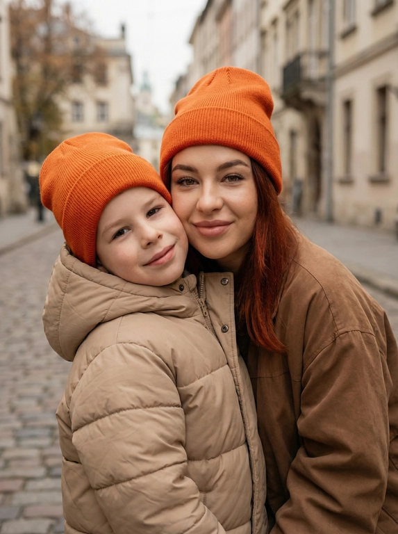   Создай портрет, не меняя черты лица. Крупный план: молодая женщина и  мальчик  6 лет , , нежно соприкасаясь головами и смотрят в камеру. Они оба  улыбаются. На обоих ярко-оранжевые вязаные шапки бини. Женщина с волосами цвет как на фото , безупречным макияжем,  одета в коричневую свободную куртку  , мальчик — в объемный бежевый пуховик. Размытый фон европейской улицы в пасмурный день, мягкое естественное освещение, кинематографичная глубина резкости, теплая осенняя атмосфера, высокое разрешение.
Кадр наполнен теплом и уютом, естественный дневной свет, реалистичные текстуры ткани.
в точности перенеси внешность 