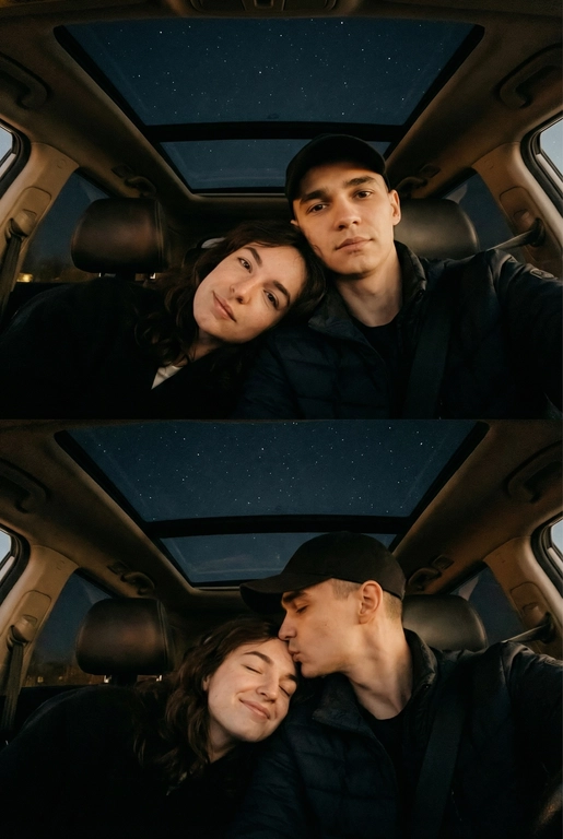 Создай вертикальный коллаж из двух фотографий в одном стиле.
Обе фотографии сняты внутри автомобиля, а через стеклянную крышу видно темное звёздное небо. Фото темное, снято на телефон, Атмосфера тёплая, уютная и романтичная. Фотографии должны быть реалистичными, с мягким освещением, естественными оттенками кожи и одинаковой цветокоррекцией на обеих частях коллажа.
Верхнее фото:
POV селфи: пара лежит рядом, крупный план. Мужчина в тёмной куртке и чёрной бейзболке смотрит в камеру. Женщина лежит, опираясь головой на его плечо, тоже смотрит в камеру. Мягкий свет на лицах, спокойные выражения.Акцент на лица.
Нижнее фото:
Та же композиция и ракурс. POV селфи: Мужчина нежно целует женщину в висок, женщина закрывает глаза с лёгкой улыбкой. Крупный план, фокус на эмоциях. Акцент на лица.