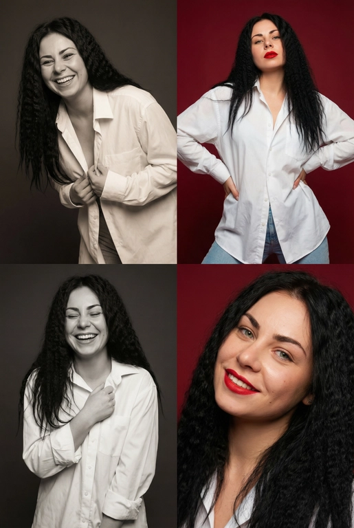 Коллаж из четырёх студийных портретов одной женщины, расположенных в сетке 2×2. Не меняй внешность, цвет и текстуру волос. Все кадры сняты в модном editorial-стиле. Образ — естественная красота, лёгкая небрежность, живые эмоции.
Женщина имеет естественный макияж с акцентом на красные губы. На ней белая очень свободная рубашка мужского кроя на несколько размеров больше, частично расстёгнутая, подчёркивающая линию декольте. В отдельных кадрах она слегка придерживает рубашку руками.
Эмоции и позы:
Верхний левый кадр — чёрно-белый, она наклоняется вперёд, смеётся, взгляд в сторону, живой момент.
Верхний правый — цветной, красный студийный фон, руки на бёдрах, уверенный фэшн-портрет. Снято с нижнего ракурса. Видно часть ее светлых джинс.
Нижний левый — чёрно-белый, она смеётся с закрытыми глазами, держит рубашку у груди, расслабленная поза.
Нижний правый — цветной, крупный портрет, легкая улыбка, слегка наклонила голову в сторону, тёплая улыбка, акцент на губах.
Фон: для цветных кадров — глубокий красный студийный фон, для чёрно-белых — нейтральный тёмный фон.
Освещение: мягкий студийный свет, подчёркивающий текстуру кожи, волосы и складки рубашки. Без жёстких теней.
Композиция: кадры слегка разные по ракурсу, создают ощущение живой съёмки backstage.
Стиль: fashion editorial, lifestyle, natural sexy, cinematic soft light, analog photo vibe, magazine photoshoot, ultra realistic, high detail, skin texture visible, 8k. Оставь прическу такой же, как в предоставленном фото 