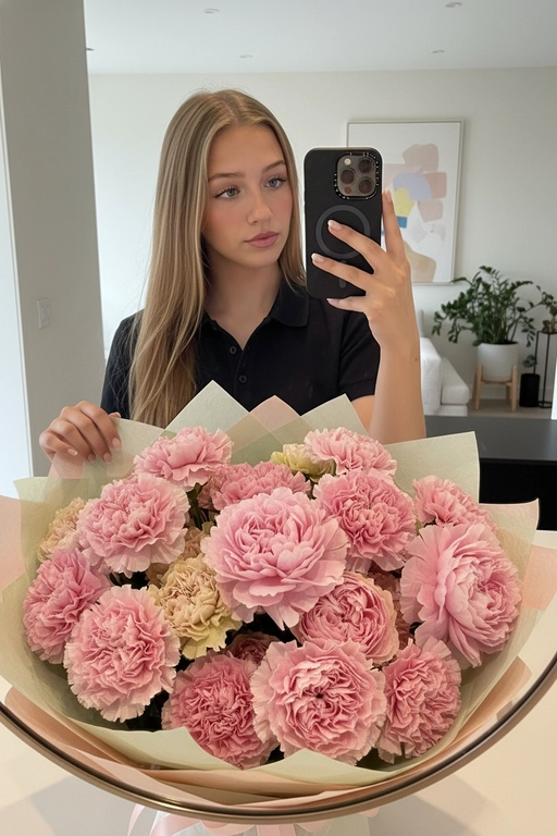На фото — интерьерная зеркальная селфи-композиция на айфон 16 pro. Центральный объект в кадре — девушка в чёрной рубашке. Макияж естественный, длинные ресницы, блеск на губах. Сходство 100%. Девушка держит телефон в правой руке, аппарат в тёмном (чёрном) чехле с модулем камеры в верхнем углу: заметна круглая конфигурация объективов. Левой рукой она опирается на поверхность стола или пола позади большого букета. Ногти аккуратно накрашены в светлый оттенок. На переднем плане очень крупный пышный букет, упакованный в бумагу пастельных тонов. На фоне современный домашний интерьер. Букет в розовой гамме, цветы: крупные махровые пионы/гвоздики/гортензии или похожие по форме рuffled-бутоны разной интенсивности розового. 