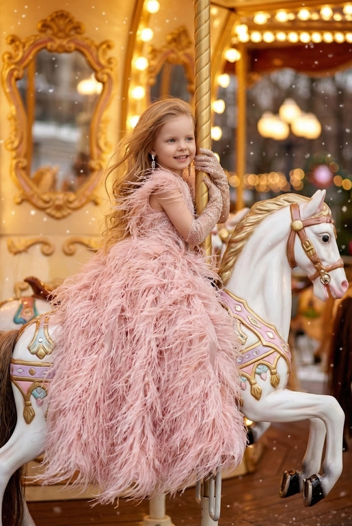   Сказочный праздничный портрет на ретро-карусели, вертикальный кадр до пола. Девушка сидит боком верхом на белой карусельной лошадке с золотыми и пастельно-розовыми декоративными элементами, руками обнимает золотой столб, на ней, уши украшены свисающими серьгами. Волосы распущены и развеваются, лицо слегка повернуто в сторону, выражение расслабленное и радостное. Фон залит тёплым светом гирлянд и лампочек карусели, золотые рамы зеркал и размытые огни парка создают атмосферу роскошной рождественской ярмарки, в воздухе лёгкие снежинки и боке. Гламурный праздничный стиль, насыщенные тёплые тона, мягкое боке, high fashion editorial, 8k, cinematic lighting, shallow depth of field, festive atmosphere. --ar 9:16 --v 6 --style raw --q 2 На ней пышное вечернее платье нежно‑пудрового цвета, полностью покрытое длинными перьями, создающими объём и движение, на руках блестящие длинные перчатки