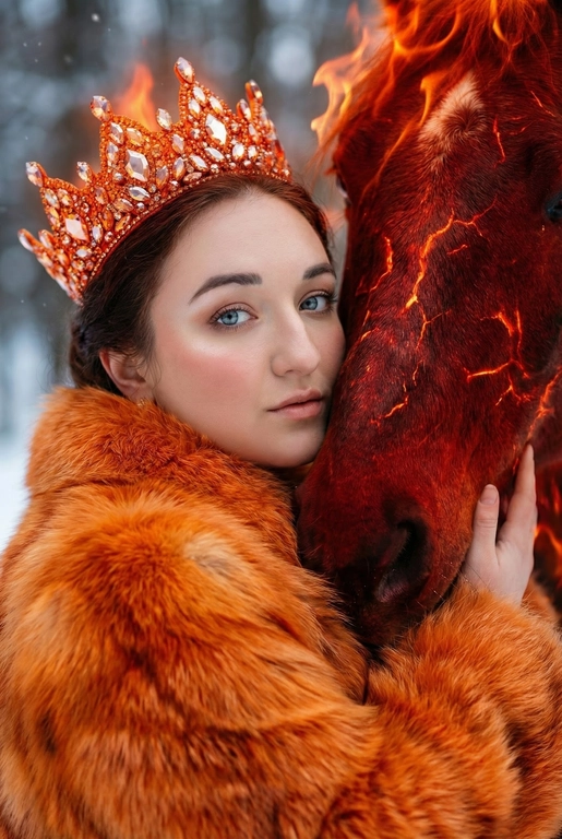   Высокофэшн Vogue editorial fantasy портрет крупным планом, воссоздающий сцену максимально точно. Интимный, плотный кадр от плеч и выше. Женщина слегка повернута в три четверти к камере, с спокойным, эфирным выражением лица и прямым, притягательным взглядом. Она нежно прижимается к шее величественного огненного коня, их лица расположены очень близко друг к другу в пределах кадра. На ней роскошная оранжевая меховая шуба с богатой, густой текстурой и выраженным объёмом, заполняющим передний план кадра. Мех выглядит мягким, дорогим, глубоко проработанным. На голове - эффектная оранжевая корона, инкрустированная сверкающими кристаллами с зеркальными гранями, которые ловят и преломляют огненный свет. Редакционный макияж подчёркивает сияющую фарфоровую кожу, лёгкий румянец и естественные губы. Конь изображён как живое воплощение огня: глубокие багряно-красные оттенки, светящиеся раскалённые трещины на коже, грива из струящихся языков пламени, частично видимая рядом с её лицом. Интенсивный тёплый оранжево-красный огненный свет освещает корону, мех и черты лица, создавая резкий контраст с холодными, приглушёнными оттенками заснеженного зимнего леса на мягко размытом заднем плане. Кинематографичный свет сочетает огненные блики и холодные рассеянные тени. Ультрамалая глубина резкости изолирует лица, усиливая ощущение близости. Мифическая сказочная элегантность, союз моды и фэнтези. Ультрадетализированная реалистичная фотография, качество обложки модного журнала. Съёмка на высококлассную среднеформатную камеру, объектив 85 мм, диафрагма f/1.8. Кинематографичная цветокоррекция. Без текста, без логотипов, без водяных знаков.