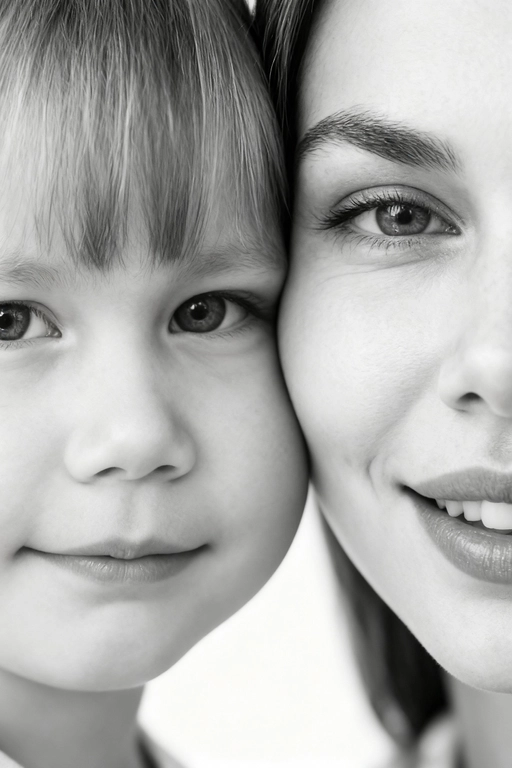 Сверхреалистичная черно-белая художественная фотография 8K женщины и ребенка, снятая очень крупным планом, щека к щеке так что видны только правая половина лица женщины и левая половина лица ребенка. которые смотрят в камеру. Их лица расположены рядом, почти соприкасаясь, образуя идеально сбалансированную симметричную композицию. Каждая деталь передана с фотографической точностью: тонкая текстура кожи и плавные градиенты света и тени. Видимая половина женщины включает ее бровь, один глаз , часть ее носа, щеку и губы, слегка приоткрытые в нежной, естественной улыбке, Видимая половина ребенка включает один глаз , круглую мягкую щеку, часть носа и небольшую улыбку, Фон белый и слегка размытый, что подчеркивает эмоциональную близость между ними. Освещение мягкое и рассеянное, создает деликатный контраст и тональную глубину. На снимке запечатлены нежность, близость и связь между матерью и ребенком, запечатленные с потрясающей реалистичностью. Не меняй черты лиц. 