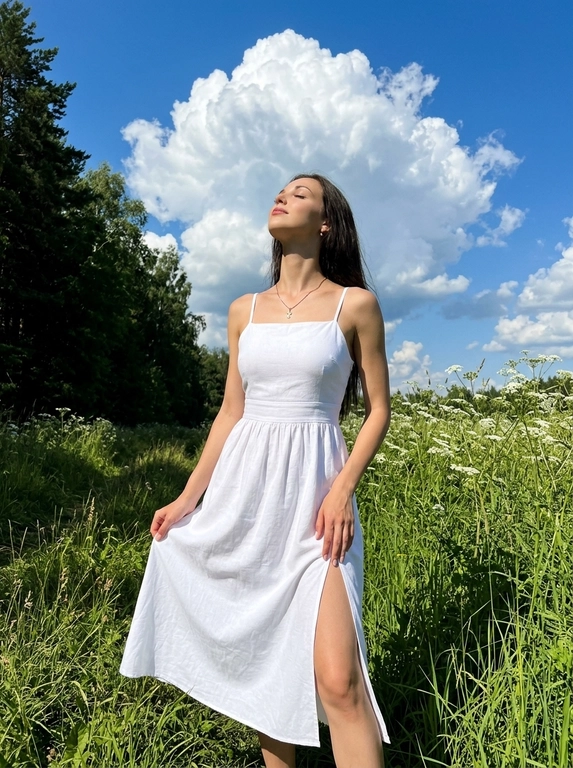Фотореалистичное фото как из Pinterest, снято на заднюю камеру смартфона , обычный режим, без портретного режима, вертикальный кадр , натуральная экспозиция, реалистичная резкость смартфона, лёгкое естественное зерно. Без ИИ‑ретуши, без ИИ‑масок, без «пластика», без замыливания, без бьюти‑фильтров, без HDR, без агрессивного шумоподавления , видна естественная текстура кожи, ткани и травы. 
Локация: летний луговой склон с высокой зелёной травой и белыми полевыми цветами , слева тёмная кромка леса, густые деревья, вдали небольшой холм. Над головой яркое синее небо с крупным объёмным белым кучевым облаком, солнечный день.
Свет: жёсткий дневной солнечный свет сверху или сбоку, контрастные тени на траве, выраженные солнечные блики на плечах и ключицах, без пересветов.
ракурс: съёмка с уровня талии или чуть ниже, средний план примерно от середины бёдер и выше с большим количеством неба в кадре, акцент на фигуре на фоне облаков. Фокус на модели, фон слегка мягкий и  естественный, без искусственного боке.
Поза: модель стоит в траве, голова запрокинута вверх, глаза закрыты, лицо повернуто к солнцу, расслабленное мечтательное настроение. Одна рука держит край юбки, вторая опущена вдоль бедра. Минималистичные украшения: тонкая цепочка с небольшим кулоном.
Естественный макияж, натуральная кожа без глянца и без сглаживания. 

Какое будет платье?: На модели белое современное платье миди с аккуратными боковыми вырезами на талии: закрытый минималистичный лиф, тонкие бретели, подчёркнутая талия, свободная юбка, чистый летний fashion-крой.