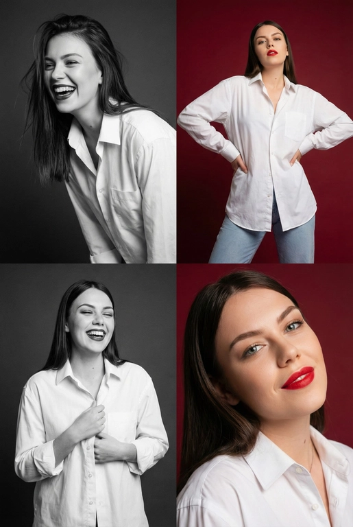 Коллаж из четырёх студийных портретов одной женщины, расположенных в сетке 2×2. Не меняй внешность, цвет и текстуру волос. Все кадры сняты в модном editorial-стиле. Образ — естественная красота, лёгкая небрежность, живые эмоции.
Женщина имеет естественный макияж с акцентом на красные губы. На ней белая очень свободная рубашка мужского кроя на несколько размеров больше, частично расстёгнутая, подчёркивающая линию декольте. В отдельных кадрах она слегка придерживает рубашку руками.
Эмоции и позы:
Верхний левый кадр — чёрно-белый, она наклоняется вперёд, смеётся, взгляд в сторону, живой момент.
Верхний правый — цветной, красный студийный фон, руки на бёдрах, уверенный фэшн-портрет. Снято с нижнего ракурса. Видно часть ее светлых джинс.
Нижний левый — чёрно-белый, она смеётся с закрытыми глазами, держит рубашку у груди, расслабленная поза.
Нижний правый — цветной, крупный портрет, легкая улыбка, слегка наклонила голову в сторону, тёплая улыбка, акцент на губах.
Фон: для цветных кадров — глубокий красный студийный фон, для чёрно-белых — нейтральный тёмный фон.
Освещение: мягкий студийный свет, подчёркивающий текстуру кожи, волосы и складки рубашки. Без жёстких теней.
Композиция: кадры слегка разные по ракурсу, создают ощущение живой съёмки backstage.
Стиль: fashion editorial, lifestyle, natural sexy, cinematic soft light, analog photo vibe, magazine photoshoot, ultra realistic, high detail, skin texture visible, 8k. Волосы распущены и уложены в объемную естественную укладку