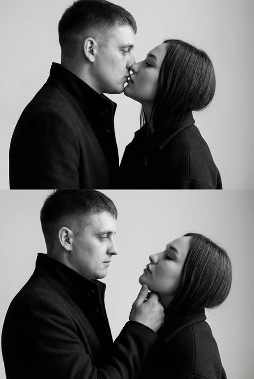   Не меняй внешность. Фотография представляет собой диптих (двойное изображение), выполненный в черно-белой гамме, который запечатлел пару в двух последовательных, нежных моментах. Общий стиль снимка — минималистичный и драматичный.
Верхний Кадр: Поцелуй
• Действие: Пара запечатлена в момент поцелуя.
• Мужчина: Слева, в профиль. Он одет в темное пальто или пиджак с высоким воротником. Его губы соприкасаются с губами женщины.
• Женщина: Справа, в профиль, с приподнятым подбородком, чтобы дотянуться до мужчины. У нее тонкие, изящные черты лица. Она одета в похожее темное пальто с воротником-стойкой.
• Эмоция: Кадр передает интимность и сосредоточенность на моменте соприкосновения.
Нижний Кадр: Нежность и Взгляд
• Действие: Мужчина и женщина смотрят друг на друга (или почти смотрят) на очень близком расстоянии.
• Мужчина: Слева, в профиль. Выражение его лица более серьезное и задумчивое. Он смотрит прямо на женщину.
• Женщина: Справа. Ее голова немного запрокинута, а глаза почти закрыты, что придает моменту большую чувственность.
• Взаимодействие: Рука мужчины (похоже, его правая рука) нежно поддерживает ее лицо сбоку, держа ее за челюсть/подбородок. Это движение подчеркивает заботу и глубокую эмоциональную связь между ними.
Общий Стиль и Композиция
• Цвет: Использование черно-белой палитры исключает отвлекающие цвета и усиливает драматизм, фокусируя внимание зрителя на контурах, текстурах и эмоциях.
• Одежда: Оба одеты в простые, темные вещи, которые гармонируют с общим настроением снимка.
• Фон: Однотонный, нейтральный, светлый фон (возможно, белая или светло-серая студийная стена), который создает сильный контраст с темной одеждой пары.
• Композиция: Диптих, разделенный горизонтальной линией, показывает два мгновения близости, создавая историю или последовательность.
Снимок производит впечатление элегантной, высококлассной модной или арт-фотографии, посвященной теме глубокой, серьезной любви и страсти.


