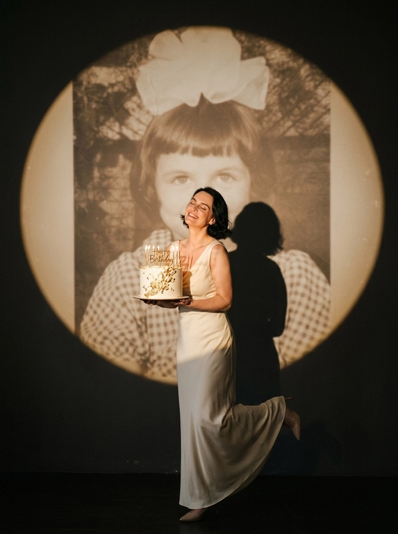 Create ultra-realistic cinematic birthday photoshoot, elegant studio with a dark background and a large circular spotlight projection on the wall. Inside the spotlight, a faded vintage childhood photo of the same girl(the reference image 2nd given)appears as a nostalgic memory, slightly transparent with old photo texture and soft blur. In the foreground, the present-day version of the same model (the reference image 1st given)  holding a white birthday cake decorated with gold accents with a “Happy Birthday". 

If the model is a woman, then she is wearing a cream long gown. If the model is a man, he is wearing a suit.

her head tilted back, eyes closed, natural smile,  cinematic shadow cast on the wall, warm soft spotlight lighting.

If the model was a woman, she additionally lifted her leg in an elegant pose.