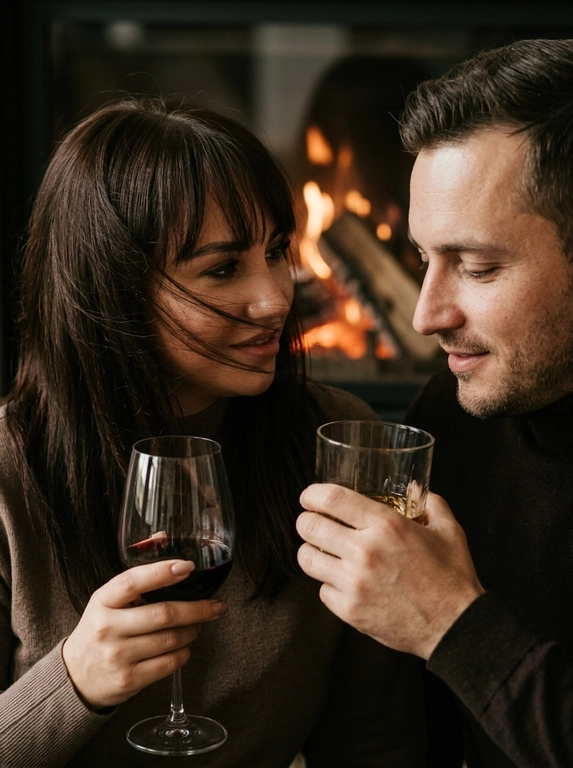 Don't change facial features. A dramatic close-up of a couple against a fireplace: the man on the right, in profile, with half-downcast eyes, looks at a glass in his hand with a slight smile; the woman on the left, holding a glass of wine, looks at her husband. The wind tousles the woman's hair, strands partially covering her face, adding dynamism. Stylish autumn clothes without accents. The woman with a slight smile. The atmosphere is intimate, cinematic, and emotional. Highly detailed skin, natural texture, soft shadows, and muted highlights. Film effect with pronounced grain, matte shadows, Kodak Portra 400 processing. Shot on 85mm in a trendy editorial style.