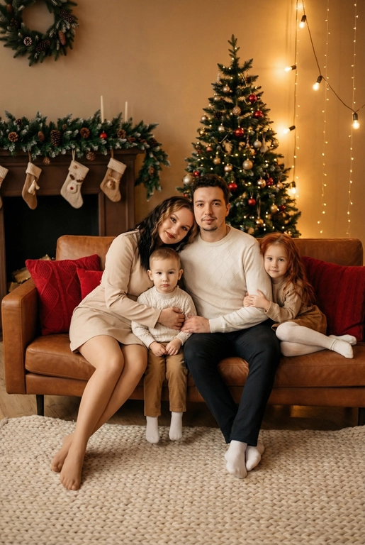   Создай трогательный кадр из профессиональной фотосессии в студии, где запечатлен момент семейной близости. Люди на фото могут быть как взрослыми так и детьми, в зависимости от предоставленных фото. Сделай так, чтобы все они смотрелись гармонично и трогательно. Фото в стиле Энни Лейбовиц, четкий фокус.

Люди в расслабленных позах на низком коричневом кожаном диване и на плотном светлом вязаном ковре. Естественные прически и минимальный макияж. 

Студия украшены в рождественском или новогоднем стиле, рядом с диваном стоит елка, позади дивана камин. Каминная полка украшена еловой гирляндой, шишками и маленькими рождественскими носочками. На диване красные декоративные подушки. В студии висят теплые гирлянды и мягко светятся.  

На фото видно лица людей и они смотрят в камеру.
 
Освещение мягкое, естественное, теплое, в стиле "Золотой час", мягкие тени, камера на уровне глаз, теплый цветовой грейд (золотисто-коричневые тона), натуральные оттенки, тонкая ретушь, мягкая пленочная текстура, атмосфера уюта, семейного тепла и близости. Одежда в новогоднем праздничном стиле, элегантные наряды