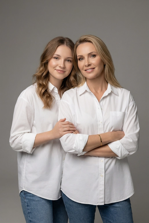 Используй эти два фото мамы и дочери и создай для них студийный портрет в чистом и элегантном стиле. Они стоят рядом, очень близко друг к другу. Дочь мягко обнимает маму за руку и слегка к ней прижимается со спины. Мама сложила руки перед грудью. Образ минималистичный, современный и стильный. На руке у матери тонкий золотой браслет. Профессиональный макияж и прическа.  Не менять черты лица ни на 1 процент. Фон — нейтральный серый с мягкой текстурой. Освещение рассеянное, мягкое, подчёркивающее естественные тона кожи. Атмосфера тёплая, нежная и спокойная, в стиле журнальной съёмки.

Обе в свободных стильных белых рубашках с подвернутыми рукавами и джинсах.