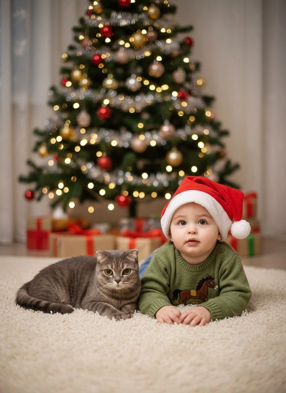 Максимально сохранить черты лица и возраст ребенка, годовалый ребенок лежит на животе руками держа голову, рядом лежит кот, на заднем фоне новогодняя ёлка с подарками, мальчик одет в свитер с вышивкой лошади на голове рождественский колпак 