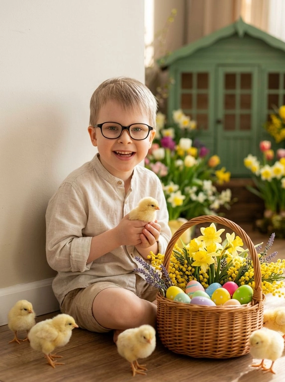 Ребёнок с лицом и улыбкой точь-в-точь как на фото. Ребёнок сидит на фоне светлой стены, сзади — размытый деревянный зелёный домик и цветы вокруг, сидит на полу с плетёной корзиночкой. В корзине — жёлтые цветы, лаванда и разноцветные пасхальные яйца. Вокруг ребёнка — маленькие жёлтые живые цыплята, одного держит в руках. Ребенок улыбается, как на фото, не менять лицо. 

Выбрать пол ребенка: Мальчик в светлой льняной рубашке и бежевых шортах.