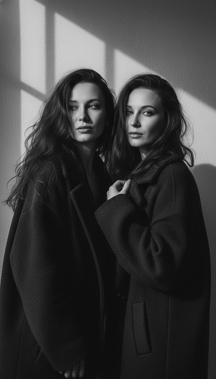 Не меняя черты лица и внешности с исходного фото 
Черно-белый эстетичный портрет двух подруг ,которые изображены на фото, как на прилагаемом изображении. На них темное пальто большого размера, их лица частично закрыто растрепанные, пышные волосы. Их поза эмоциональная, интроспективная и уверенная.
Тень от окна падает на стену позади них, создавая меланхоличную и артистичную атмосферу»
Не меняй их черты лица