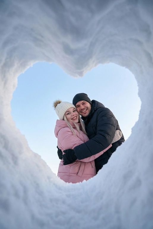 Фотография этой пары, снятая снизу вверх через отверстие в снегу в форме сердца. Камера находится в снежной нише, края кадра — плотный белый снег, образующий чёткое сердце. В центре кадра двое человек из референса, обнимающие друг к друга, смотрят прямо в камеру. Люди одеты по-зимнему.   Их одежда стильная и современная. Они улыбаются, лица хорошо видно. 
Фон — чистое светло-голубое зимнее небо без облаков. Естественный дневной свет, мягкие холодные оттенки, высокая детализация снега и ткани одежды. Атмосфера — уют, любовь, спонтанный зимний момент. Реалистичная фотография, без искажений лиц, фокус на людях, эффект живого кадра, как с экшн-камеры или смартфона, вертикальный формат. Женщина одета в розовый пуховик и белую шапку с помпоном, мужчина в темный пуховик и темную шапку.
