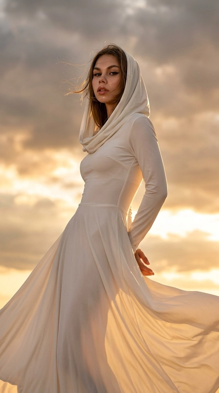 Глубоко атмосферный портрет в стиле высокой моды, modest fashion campaign. Женщина позирует на фоне закатного неба. Корпус и тело повёрнуты прямо к камере. Стоит в изящной позе-S. Обе руки заведены за спину. Голова слегка откинута назад. Дерзкий взгляд в объектив. Губы приоткрыты. Волосы развеваются на ветру. Глаза с чёрными стрелками, влажные губы.

Фон СТРОГО: драматичное предгрозовое небо с плотными облаками, сквозь которые пробивается золотисто-оранжевое свечение заката. Контровой свет эффектно подсвечивает силуэт.

Hasselblad H6D-100c, 85mm, ISO 100, f/2.8, RAW. Идеальная резкость на глазах. Visible pores, no plastic skin, no AI smoothing.

Запрет: земля, какая-либо поверхность на фоне.

Какая будет одежда?: На женщине длинное струящееся платье молочного оттенка с мягким прилегающим силуэтом, закрытым верхом и встроенным капюшоном из той же ткани. Ткань лёгкая, пластичная и красиво движется от ветра, создавая мягкие складки по телу и вокруг силуэта. Капюшон накинут на голову свободно и добавляет образу дорогую, загадочную и очень fashion-атмосферу. На фоне драматичного неба такой образ выглядит контрастно, нежно и статусно.