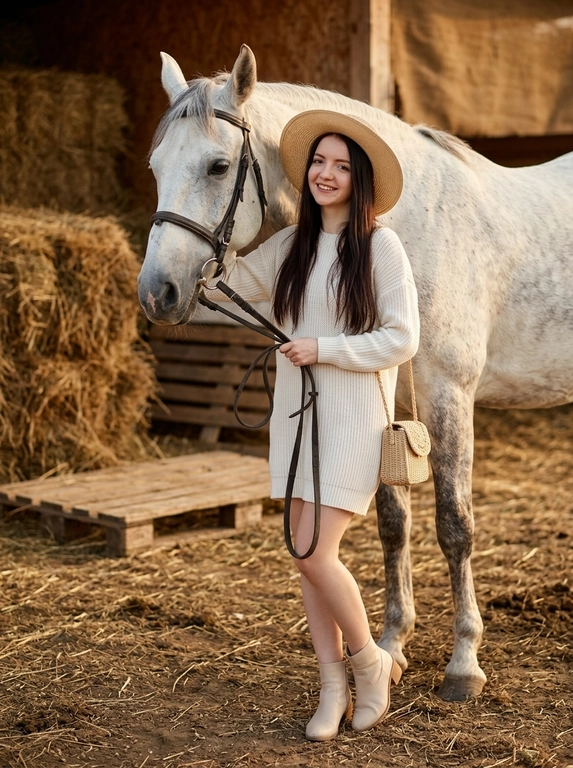 Фотореалистичная lifestyle fashion-фотография женщины на загородной конюшне рядом с крупной бело-серой лошадью. Женщина стоит практически вплотную к лошади, слегка прислонившись к ней,  держит повод.

Лошадь занимает значительную часть кадра, её голова расположена рядом с лицом женщины. На заднем плане сухая земля, деревянные паллеты, стога сена и тёплая природная фактура.

Тёплое низкое вечернее солнце, золотистый свет, глубокие естественные тени, cinematic countryside fashion photography, богатая текстура шерсти лошади, ткани одежды и соломы. Камера на уровне груди, объектив 35–50 mm, вертикальный кадр, высокая реалистичность, без текста, логотипов и водяных знаков.

Какая будет одежда?: На женщине короткое свободное платье-свитер молочно-белого оттенка из мягкой вязаной ткани, с расслабленным силуэтом и длинными слегка расклешёнными рукавами. На голове широкополая плетёная соломенная шляпа с мягкими, немного неровными полями. На ногах светлые короткие ботинки. В образе также небольшая плетёная сумка, которая поддерживает countryside aesthetic. в другой — небольшую плетёную сумку.