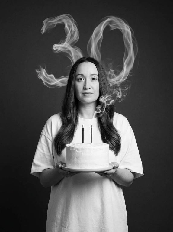 Create a highly photorealistic birthday studio portrait. Use ONLY the uploaded photo as the identity reference and generate the entire scene from scratch.

IDENTITY LOCK: preserve the uploaded person’s exact identity, facial structure, proportions, eyes, eyebrows, nose, lips, jawline, skin tone, skin texture, natural asymmetry, hair color and natural appearance. Preserve the person’s gender exactly as shown. Do not feminize, masculinize, beautify, age, de-age or alter their identity.

POLISHED APPEARANCE: the person must look exceptionally well-groomed, clean, polished and professionally styled, while remaining recognizable as themselves. Hair must look freshly washed, healthy, neat and professionally styled. Preserve the original hair color, length and texture from the uploaded photo, but create a tasteful, natural hairstyle suitable for a professional editorial birthday portrait. For women, create a polished feminine blowout or elegant natural styling when compatible with the original hair. For men, create neat, professionally groomed hair while preserving the original hairstyle. Skin should look clean and healthy with subtle natural grooming, never heavy makeup or artificial retouching.

COMPOSITION LOCK — identical for male or female:
The person stands centered, facing directly toward the camera, framed from approximately the waist up. They wear an oversized plain white T-shirt. Both hands hold a large round white frosted birthday cake on a simple white plate at lower center frame. The cake is directly in front of the torso, never positioned to the side. Two thin dark candles stand vertically on the cake.

Behind the person is a smooth dark charcoal-gray studio background. Realistic white candle smoke rises upward and forms the exact number. The number appears ONLY ONCE, large and clearly readable behind the upper body/head area, naturally connected to the candle smoke. It must look like real physical smoke, not typography.

The person looks directly into the camera with a calm, confident, natural expression and closed mouth.

Black-and-white luxury editorial photography, soft cinematic studio lighting, subtle shadows, realistic contrast and fine film grain. Ultra-photorealistic skin, hair, fabric, cake, hands and physically accurate smoke.

No plastic skin, messy or unstyled hair, greasy hair, excessive makeup, beauty filter, excessive retouching, CGI look, HDR, artificial sharpness, extra people, text, logos or watermark

Цифры из дыма: 30