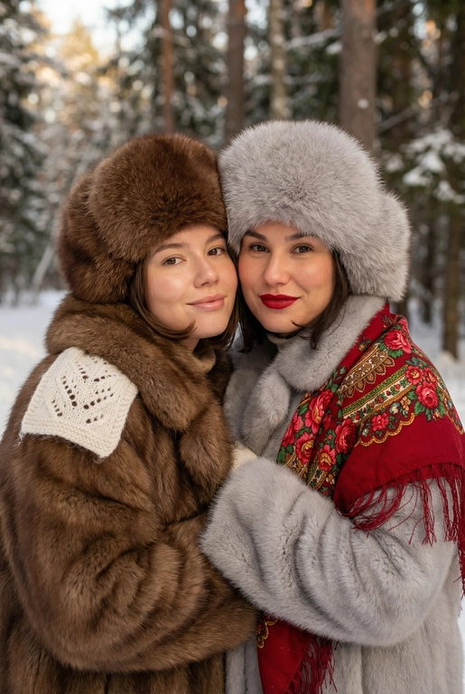 Создай кадр, который представляет собой теплый, уютный, слегка ностальгический зимний портрет в фэшн/фолк-стиле. Атмосфера спокойная, элегантная, дружеская близость двух моделей; сочетание высокой моды (мех, профессиональная ретушь) и фольклорной эстетики (вышитый шарф). Композиция и позирование: Форма кадра: портретный, вертикальный (соотношение примерно 3:4). Расположение: две женщины в центре кадра, тела и головы видны на груди; правая модель немного ближе к камере. Позы: девушки стоят близко друг к другу, левая модель слегка опирается на правую; плечи слегка повернуты к камере. Взаимодействие: мягкая улыбка, закрытое выражение лица, взгляд в камеру; дружелюбный, уверенный тон. Лица и макияж: Кожа: гладкая, естественная текстура, легкий эффект сияния. Глаза: аккуратные блики – оживляют взгляд; нейтральный/теплый макияж теней. Брови: естественная форма, слегка очерчены. Губы: у правой модели насыщенный матовый красный (центральный акцент), у левой – нежно-розовый нюдовый. Волосы: свободные пряди вокруг лица, несколько прядей с легкой волной для естественности. Шапки: большие пушистые меховые шапки с очень четко выраженной текстурой меха; справа – светло-серый мех, слева – коричневый мех. Форма: высокие, округлые, плотно сидят на голове, частично закрывают лоб – создают силуэт и рамку для лица. Верхняя одежда и текстуры: меховые пальто: густой натуральный мех у левой модели коричневый, у правой модели – светло-серый тон с видимым направлением волосков; богатая текстура и объем. У девушки справа на правом плече маленький платок с традиционным русским орнаментом – яркие цветы и листья, на фоне глубокого красного цвета с золотисто-терракотовыми, зелеными деталями; Тонкая бахрома ниспадает на ее плечо. У девушки слева на левом плече небольшой вязаный белый шарф с крупным ажурным узором, что добавляет контраста в текстуре и цвете. Окружение и фон: Лес: темные хвойные деревья, вертикальные силуэты стволов; снег на земле/вдали — размытый фон (боке).