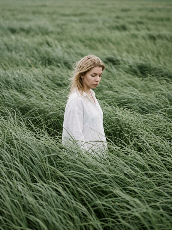 Create cinematic, atmospheric editorial portrait using the attached photo as the exact face and identity reference. A solitary model stands alone in the middle of vast wind-swept sage green grass fields. Tall grass surrounds the subject completely, flowing in strong currents like ocean waves, partially occurring the body did creduns mononaepin dna soutude. the subject wedis c simple, loose white shirt that softly contrasts with the rich green landscape hair is slightly messy, with natural strands moving in the wind. The head is gently tilted downward, eyes cast toward the ground, conveying a quiet introspective, melancholic mood. Expression is calm, distant, and emotionally restrained. Compose the frame slightly off-center, from a subtle elevated angle.
No visible horizon, the frame is fully immersed in grass texture. Use a muted natural palette of sage green, deep olive, and soft off-white. Shoot telephoto perspective, shallow depth of field, cinematic framing. Film photography destek with visible grain, soit edge tallon, atmospheric wind driven motion blur in the grass. Quiet, poetic storytelling: ultra-detail natural magazine-cover editorial quality. No text, no watermark.