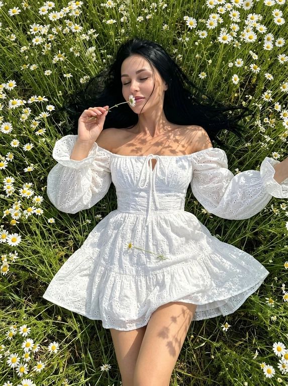 Shot on iPhone 16 Pro Max, phone is not visible in the frame.
Ultra-realistic smartphone photo, no flash, no CGI, no Al look, realistic pores and skin texture. woman lying in a dense chamomile field. Camera positioned directly above her in an almost perfectly vertical top-down angle. Full-body composition from head to knees. Body placed diagonally: head toward the upper left corner, legs toward the lower right.
Surrounded by hundreds of white chamomile flowers. Eyes closed, soft relaxed half-smile. One hand raised to her face, gently holding a chamomile stem so the flower touches her lips.
Calm, poetic atmosphere. Hair spread around her head across the grass and flowers, with a few loose strands on the cheeks and forehead. Ultra-short romantic white peasant-style dress with oversized off-shoulder puff sleeves, square neckline with front ties, voluminous layered skirt, textured broderie anglaise cotton. The skirt is lifted slightly by a gentle breeze.
Open shoulders, collarbones and legs visible. A fallen chamomile flower rests on the dress. Bright sunny daylight creates lace-like shadows from flowers and stems across the dress, face, arms and legs. Entire frame filled with chamomile flowers, green stems and wild grass. Natural iPhone colors, rich greens, clean whites, warm daylight, slightly increased contrast.
Pinterest countryside editorial aesthetic.