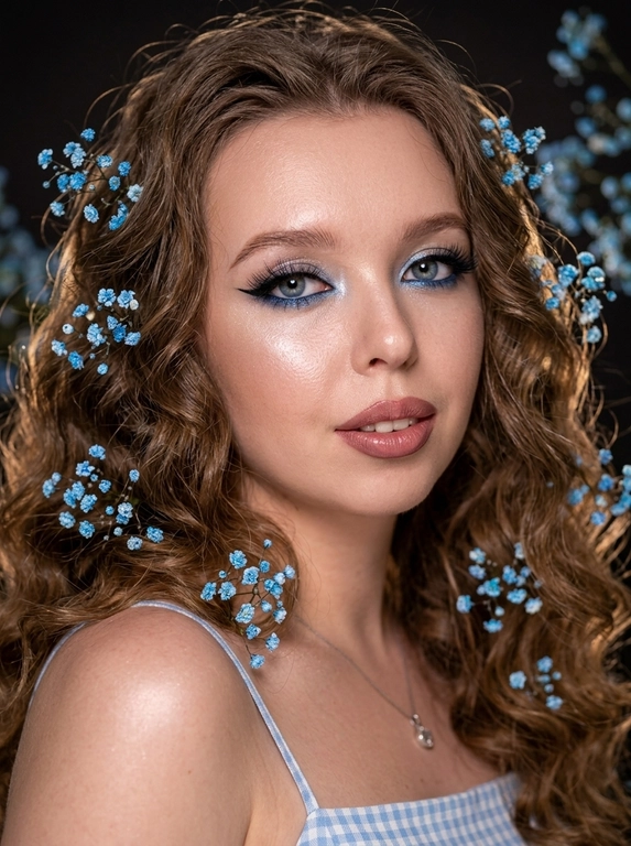 Крупный план лица женщины в стиле «высокой моды». В прядях и по контуру головы вплетены мелкие нежно-ярко-голубые цветы (типа гипсофилы крупного сорта) с тонкими зелёными, еле заметными стебельками; часть цветков попадает в зону боке. Одежда: тонкие светлые бретели и верх с нежным голубым клетчатым / пастельным узором; ткань гладкая, с мягкими складками и лёгкими бликами. Фон тёмный, интерьерный, сильно размытый, без читаемых деталей — создаёт контраст с освещённым лицом. Атмосфера романтичная, весенняя, чувственная, с ощущением тёплого солнечного света. Микродетали: чёткая прорисовка пор, пушковых волосков, бликов хайлайтера, контуринга, отдельных ресниц, мелких цветков и стеблей; мягкий естественный шум, высокая детализация и реалистичность, отсутствие артефактов, естественные цвета кожи. Элегантный макияж: глаза с длинными острыми чёрными стрелками; длинные густые ресницы с эффектом «лучики»; нижние ресницы накрашены; голубые блестящие шиммерные тени на верхнем веке; голубой каял прокрашен на нижней слизистой глаза; хайлайтер во внутренних уголках глаз и на скулах. Полностью прокрашенные матовые губы цвета «пыльная роза», слегка глянцевые; губы немного приоткрыты в лёгкой ухмылке; лёгкий блеск и светло-коричневый карандаш по краям. Голова смотрит прямо; локон волос падает на лицо. Тело и декольте подсвечены хайлайтером; на шее кулон. Высокая детализация текстур кожи, одежды и волос. Черты лица полностью сохранены как на референсном фото. На фоне — светлая большая бьюти-студия; вокруг темно, лицо освещено яркой лампой, 8K, белый фон без лишних элементов. Гиперреализм.


Какая будет прическа?: Волосы очень объёмные, длинные, блестящие; причёска — пляжные локоны.