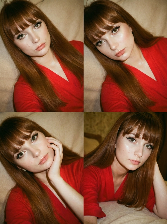     Зернистый четырехпанельный коллаж в винтажном стиле с одноразовой пленочной камерой со вспышкой. Обязательно: не меняйте внешность женщины - точно передайте и сохраните ее лицо с эталонной фотографии, сохраняя черты лица, пропорции, Гламурный макияж глаза с длинными черными стрелками, длинные густые ресницы эффект лучики, Хайлайтер во внутренних уголках и скулах. Пухлые губы, с блеском.  Тело подсвечено  хайлайтером .
Каждая панель представляет собой селфи-портрет крупным планом, снятый с помощью жесткой прямой вспышки на камере. Женщина изящного стройного телосложения (рост 173, вес 50 кг) лежит на мягкой бежевой поверхности, в приглушенном, уютном интерьере. Она одета в красный халат - кимоно с руковом три четверти .
Ее волосы прямые блестящие.
Каждая панель представляет собой...
