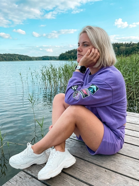 Постановочный портрет на деревянном пирсе у спокойного озера. С одной стороны кадра высокие камыши и густая зелёная листва, в верхний угол кадра свисает ветка дерева с листьями. Перед женщиной простирается спокойная гладь озера, вдали виден берег, покрытый деревьями, под бледно-голубым небом с мягкими белыми облаками. Вдалеке по поверхности воды плывёт утка. Естественный дневной свет со слегка прохладной цветовой палитрой с бирюзовым оттенком. Весь кадр полностью резкий, без размытия фона.

Поза:

Она сидит на самом краю деревянного пирса, подтянув обе ноги к себе. Одно колено поднято немного выше, второе расположено перед ним. Лодыжки свободно скрещены и подтянуты к корпусу. Корпус слегка развёрнут в сторону озера и немного наклонён вперёд. Одна рука согнута в локте, локоть опирается на поднятое колено, ладонь мягко поддерживает щёку. Вторая рука расслабленно лежит поверх второго колена, кисть естественно свисает вперёд. Голова слегка наклонена в сторону руки. Взгляд направлен вдаль на озеро. Поза выглядит спокойной, расслабленной и задумчивой, словно фотография была сделана в случайный момент отдыха у воды.

На запястье бело-чёрные спортивные часы с прочным массивным корпусом. Других украшений нет. 

Выражение лица спокойное и задумчивое. Губы мягко сомкнуты с лёгким естественным нейтральным выражением. Одна бровь расслаблена. Взгляд направлен в сторону озера, создавая ощущение глубокой задумчивости. Длинные густые объёмные ресницы с эффектом fox-eye.

губы с прозрачным нейтральным глянцевым блеском. Мягкие тени естественных нейтральных оттенков, аккуратно оформленные брови, лёгкий естественный контуринг. Кожа имеет ровный естественный загар. Ультрареалистичная текстура кожи с хорошо различимыми порами и естественным микрорельефом.

Камера и ракурс:

Постановочный, но выглядящий естественно снимок, сделанный с небольшого расстояния, камера расположена немного выше уровня глаз модели и слегка направлена вниз под естественным углом. Вертикальное кадрирование включает модель целиком в сидячей позе, деревянный пирс, озеро и противоположный лесистый берег. Композиция выглядит естественной, как случайно сделанная фотография на iPhone. Весь кадр полностью резкий, без размытия фона.

Стиль:

Реалистичная фотография, снятая на iPhone. Прохладная цветокоррекция с лёгким бирюзовым оттенком, приглушённые зелёные цвета и мягкие голубые оттенки неба, естественный контраст, лёгкое плёночное зерно, непринуждённая лайфстайл-эстетика, эстетика Pinterest, высокая детализация и ощущение настоящей фотографии из жизни.

Какая будет одежда?: На ней объёмный укороченный фиолетовый свитшот со спущенной линией плеч, трикотажными манжетами и небольшими графическими нашивками и текстовыми элементами на одном рукаве. Свитшот слегка приподнят, открывая небольшой участок белого топа под ним. На ней также фиолетовые шорты в тон свитшот и белые массивные кроссовки на шнуровке с толстой фактурной подошвой.