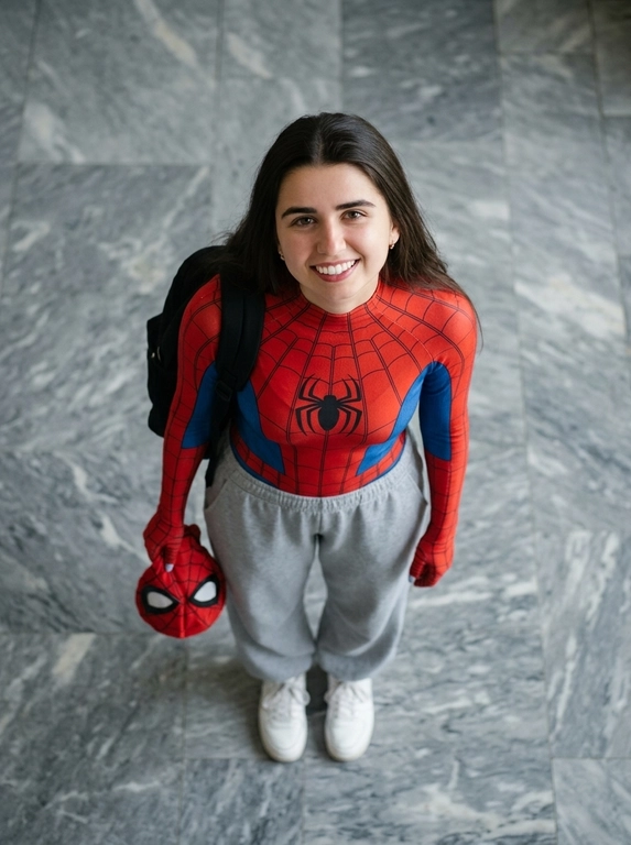 A realistic high-angle full-body photo of a person looking up, at the camera. Keep the same face and facial features from the reference image. Person is wearing a red and blue Spider-Man bodysuit on the upper half, loose grey sweatpants on the lower half, and white sneakers. Person carries a black backpack and holds a red spider-man mask in her left hand. Person is standing on a polished grey marble floor. The lighting is soft and natural, giving a casual cinematic «peter parker after school» vibe.