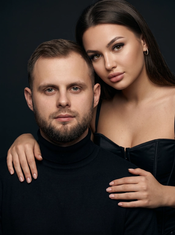 Гиперреалистичный студийный fashion-портрет молодой пары по загруженному референсу, 100% сходство лиц. Черты лица не изменять. Крупный план, кадр по плечи. Мужчина, спокойный уверенный взгляд прямо в камеру, естественное выражение лица, одет в черный трикотажный свитер с высоким воротом. Женщина стоит позади мужчины и нежно обнимает его, ее руки лежат на его плечах. Ее лицо расположено рядом с его лицом, она повернута слегка боком, голова немного наклонена вперед, взгляд направлен прямо в камеру. У женщины выразительные глаза с длинными густыми черными ресницами, естественный clean-glam макияж, натуральные брови, теплый оливковый оттенок кожи, небольшие серьги-кольца. Композиция плотная и интимная, их лица расположены очень близко друг к другу, современный модный портрет пары. Женщина одета в черный корсет. Кожа максимально натуральная: живая текстура кожи, видимые микропоры, subtle skin glow, естественный мягкий блеск кожи, natural skin microtexture, skin translucency, micro skin details, легкие естественные несовершенства кожи, без ретуши и без эффекта пластика. Освещение: мягкий студийный beauty lighting, рассеянный ключевой свет спереди и немного сбоку, мягкие глубокие тени для объема лица, деликатные световые блики на коже. Фон: глубокий темный студийный фон, темно-графитовый или почти черный, создающий контраст с кожей и лицами. Стиль: luxury fashion editorial photography, high fashion portrait, ultra photorealistic, 85mm portrait lens, shallow depth of field, creamy bokeh, cinematic soft lighting, RAW photo, extremely detailed, fine hair strands, natural skin pores, professional photography, photorealism, 8k, high dynamic range.