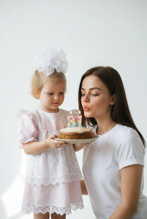 Фотореалистичный портрет в минималистичном стиле: на белом чистом фоне стоят взрослый человек и маленький ребёнок. Ребёнок держит торт и протягивает его взрослому человеку, чтобы он задул свечи с цифрой «». Фото выполнено с лёгкой зернистостью.
Атмосфера уюта, тишины и нежности. Высокая резкость, естественные пропорции, реалистичная фотография, художественный стиль.

Цифра на торте:  31