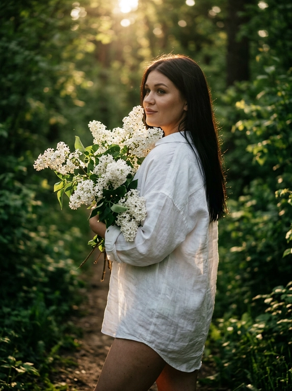 Кинематографичная фотореалистичная photography модели в лесу летом, снятая на Hasselblad X2D II 100C, 85mm lens, f/1.8, medium full shot, камера расположена на уровне талии и слегка сбоку. Модель стоит на узкой лесной тропинке среди густого зелёного леса, повернувшись вполоборота через плечо к камере. В руках она нежно прижимает к себе огромный букет цветов, отдельные ветки частично закрывают плечо и грудь. Выражение лица спокойное и чувственное, еле заметная улыбка, губы расслаблены, взгляд направлен прямо в камеру. На ней свободная белая длинная льняная рубашка oversize с длинными рукавами, натуральная слегка мятая ткань красиво подсвечивается солнцем. Кожа ровная, сияющая, с лёгким естественным загаром и realistic skin texture без plastic skin. Макияж soft natural glam: мягкий contouring, пушистые brows, длинные натуральные ресницы, subtle warm glow на коже. Тёплый золотой свет закатного солнца проходит сквозь деревья и создаёт cinematic backlight вокруг силуэта, мягкие солнечные блики на сирени и ткани одежды, глубокие зелёные тени в лесу. Атмосфера тихая, живая и немного dreamy, будто кадр из арт-фильма. Moody underexposed forest photography, warm golden highlights, rich deep greens, soft haze, subtle film grain, luxury Pinterest editorial aesthetic, ultra photorealistic RAW quality.

Какие будут цветы?: В руках белая сирень
