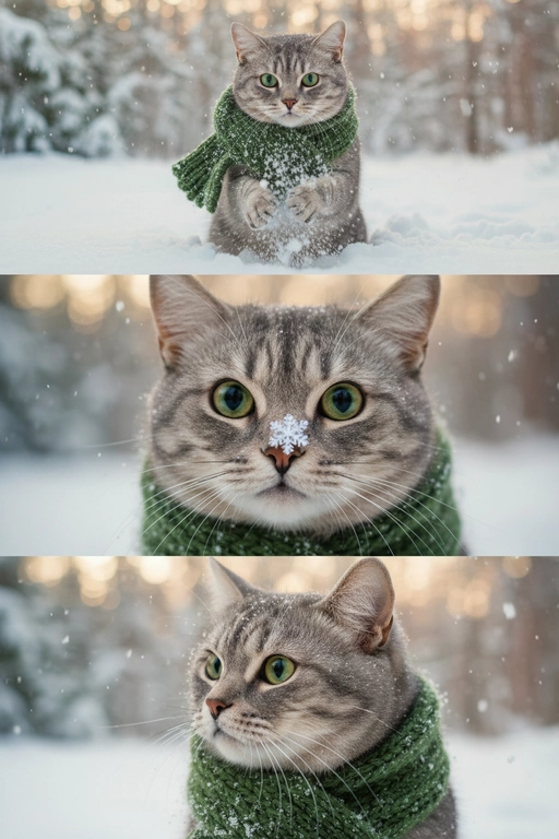     Коллаж из 3-Х фото моего питомца на зимнем фоне в снегу. Питомец в вязаном шарфе, вокруг падает снег, на заднем плане заснеженный лес.

Первый кадр — питомец в полный рост. Он играется со снегом 

Второй кадр — крупный план, увеличенный кадр мордочки питомца с одной снежинкой на носике. Мордочка питомца занимает весь кадр, взгляд прямо в камеру 
 
Третий кадр - портрет питомца, он смотрит в левую сторону. На фото виден шарф, на шарфу есть снежинки 

Три кадра объединены в вертикальный коллаж в едином тоне и свете. Атмосфера — реалистичная, теплая и немного кинематографичная.
Свет мягкий, утренний. Цвет шарфа - зеленый