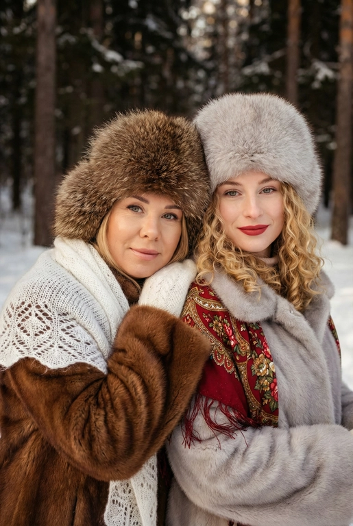 Создай кадр, который представляет собой теплый, уютный, слегка ностальгический зимний портрет в фэшн/фолк-стиле. Атмосфера спокойная, элегантная, дружеская близость двух моделей; сочетание высокой моды (мех, профессиональная ретушь) и фольклорной эстетики (вышитый шарф). Композиция и позирование: Форма кадра: портретный, вертикальный (соотношение примерно 3:4). Расположение: две женщины в центре кадра, тела и головы видны на груди; правая модель немного ближе к камере. Позы: девушки стоят близко друг к другу, левая модель слегка опирается на правую; плечи слегка повернуты к камере. Взаимодействие: мягкая улыбка, закрытое выражение лица, взгляд в камеру; дружелюбный, уверенный тон. Лица и макияж: Кожа: гладкая, естественная текстура, легкий эффект сияния. Глаза: аккуратные блики – оживляют взгляд; нейтральный/теплый макияж теней. Брови: естественная форма, слегка очерчены. Губы: у правой модели насыщенный матовый красный (центральный акцент), у левой – нежно-розовый нюдовый. Волосы: свободные пряди вокруг лица, несколько прядей с легкой волной для естественности. Шапки: большие пушистые меховые шапки с очень четко выраженной текстурой меха; справа – светло-серый мех, слева – коричневый мех. Форма: высокие, округлые, плотно сидят на голове, частично закрывают лоб – создают силуэт и рамку для лица. Верхняя одежда и текстуры: меховые пальто: густой натуральный мех у левой модели коричневый, у правой модели – светло-серый тон с видимым направлением волосков; богатая текстура и объем. У девушки справа на правом плече маленький платок с традиционным русским орнаментом – яркие цветы и листья, на фоне глубокого красного цвета с золотисто-терракотовыми, зелеными деталями; Тонкая бахрома ниспадает на ее плечо. У девушки слева на левом плече небольшой вязаный белый шарф с крупным ажурным узором, что добавляет контраста в текстуре и цвете. Окружение и фон: Лес: темные хвойные деревья, вертикальные силуэты стволов; снег на земле/вдали — размытый фон (боке).