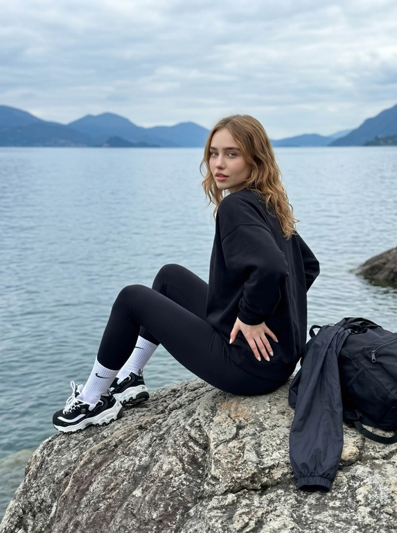 Фотореалистичный лайфстайл-кадр, снятый на iPhone 15 Pro Max, эстетика Pinterest. Женщина сидит вполоборота на крупных шероховатых серых камнях на берегу большого водоема, обернувшись и глядя прямо в камеру через правое плечо. Поза естественная и расслабленная: одна нога согнута в колене и стоит на камне, другая опущена чуть ниже, правая рука с аккуратным светлым маникюром свободно лежит на бедре. На ней надет стильный повседневный аутфит: объемный базовый черный свитшот со спущенной линией плеча, черные облегающие леггинсы с тонкими декоративными швами, высокие белые носки с маленьким черным логотипом и массивные черно-белые кроссовки в баскетбольном стиле. Позади нее на камне лежит мягкий черный тканевый рюкзак, а под ним небрежно повязана черная ветровка. У девушки длинные, густые, прямые темные волосы, которые слегка развеваются от легкого ветра. Макияж в стиле soft glam: сияющая здоровая кожа, легкий контуринг скул. 
Персиковые румяна и хайлайтер
На заднем плане — широкое водное пространство спокойного сине-стального оттенка, вдали виднеются силуэты гор. Небо затянуто мягкими, фактурными слоистыми облаками. Освещение: мягкий, рассеянный естественный дневной свет от пасмурного неба (soft overcast daylight), свет равномерно и комплементарно ложится на лицо без жестких теней. Микродетали: текстура пористого камня на переднем плане, легкая рябь на поверхности воды, выбившиеся отдельные волоски на ветру, матовая плотная текстура ткани свитшота, естественные складки на одежде. Гиперреализм, высокая детализация, 8k, candid shot.