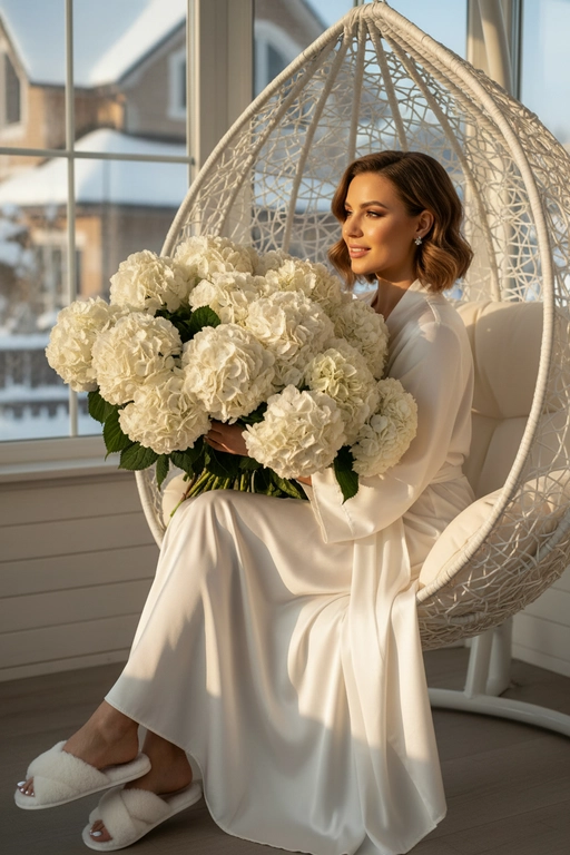 Гиперреалистичная фотография женщины, зима, сидящей полубоком на закрытой веранде с видом на дом в кресле коконе белом и держащей в руках очень большой, пышный букет, состоящий из множества белых цветов — круглых, густых, многоцветковых, с пышными соцветиями и зелеными листьями. Букет объемный, он явно состоит из десятков отдельных гортензий, а не из единого бутона. в ушах маленькие красивые серьги. ногти молочного цвета. Волосы с аккуратной легкой укладкой. 
На ней халат шелковый как кимоно в пол на ногах пушистые тапки.
Ее макияж выполнен в стиле мягкого глэма: сияющая кожа. Она позирует в полупрофиль.
Золотистый естественный свет проникает сбоку, отбрасывая резкие, но мягкие тени на складки ткани . Цвет халата - белый, цвет тапок - белый 