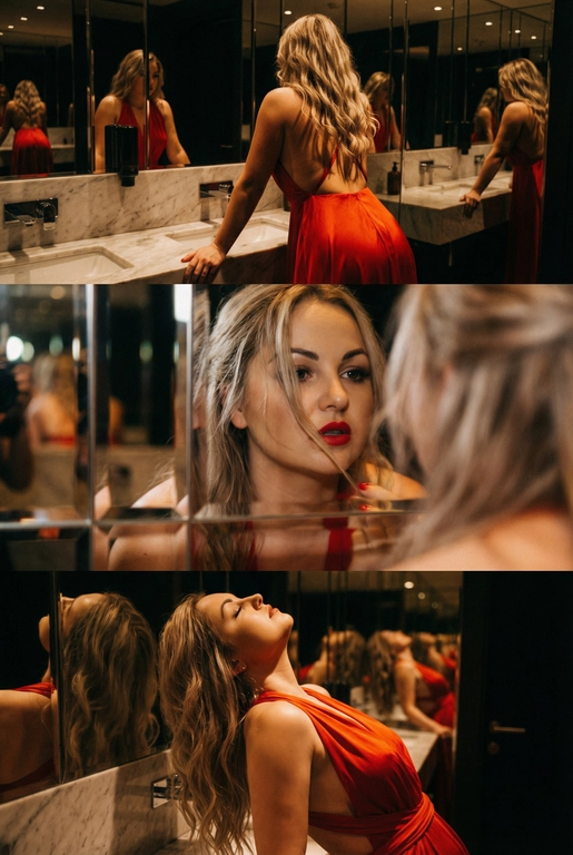 Создай не меняя черты лица. Экстремально реалистичный кинематографичный триптих, как живая серия фотографий из Instagram, снятая в зеркальном туалете дорогого ресторана. Вечер, интимная атмосфера, отражения в зеркалах, приглушённый свет, ощущение роскоши и ускользающего момента. Весь триптих объединён одним образом и единым настроением, с лёгким зерном, как будто кадры сняты в движении, естественно. В верхней части женщина стоит спиной облокотившись на раковину рукой, лицо в тени спина освещена, в отражениях зеркал видна её фигура, на ней одно и то же красное платье с открытой спиной, ткань струится и выглядит дорого, чувственно. Свет мягко скользит по плечам и линии спины, создавая глубокие тени и драматичный силуэт. В средней части экстремально близкий ракурс лица через зеркало, женщина смотрит на своё отражение и поправляет помаду, жест живой и естественный. Лицо частично в фокусе, частично слегка размыто, ощущение движения и дыхания кадра. Пышные ресницы, выразительный взгляд, блики света в зеркале, локоны из пучка падают на лицо, добавляя интимности. В нижней части девушка запрокинула голову и облокотилась о раковину, глаза закрыты, поза расслабленная, уязвимая, словно она на секунду выпала из шумного вечера. Платье то же самое, красное, ткань ловит приглушённый свет, усиливая глубину цвета и теней. Во всех кадрах приглушённое освещение, cinematic lighting, мягкие тени, отражения зеркал, лёгкое зерно и небольшой motion blur без резкой чёткости и глянца. Цвета глубокие, насыщенные, но сдержанные. Общий стиль ультрареализм, кинематографическая эстетика, эффект настоящего Instagram-триптиха, ощущение пойманного момента, живо, чувственно и очень реалистично, как кадры из личного архива.
Не меняй черты лица. Очень длинные изящные волнистые волосы, несколько локонов свободно падают на лицо и шею. 