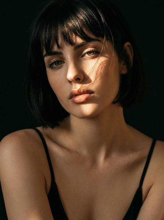 Создай:не меняй черты лица. Реалистичный снимок бьюти-портрет женщины с ярким солнечным светом, падающим на ее лицо на темном фоне. Ракурс съемки: крупный план с акцентом на лицо и плечи, слегка наклоненная голова создают динамичную композицию. Поза: женщина слегка наклоняет голову в сторону источника света, глядя прямо в камеру. Ее плечи слегка наклонены вперед, образуя мягкую диагональную линию. Выражение лица: спокойное, чувственное, с расслабленными губами и напряженным зрительным контактом. Прическа: несколько прядей падают на лицо, отражая солнечный свет. Наряд: минималистичный черный топ на тонких бретельках, открывающий ключицы и плечи. Освещение: сильный теплый золотистый солнечный свет, падающий сбоку, создает резкий диагональный луч света на лице, в то время как остальная часть фона остается темной. Окружение: глубокий темный фон без видимых объектов, подчеркивающий драматический контраст освещения и подсвеченную текстуру кожи. Детали: естественное сияние кожи, заметные ресницы, тонкий блеск для губ, отражающий солнечный свет, кинематографический контраст теней.