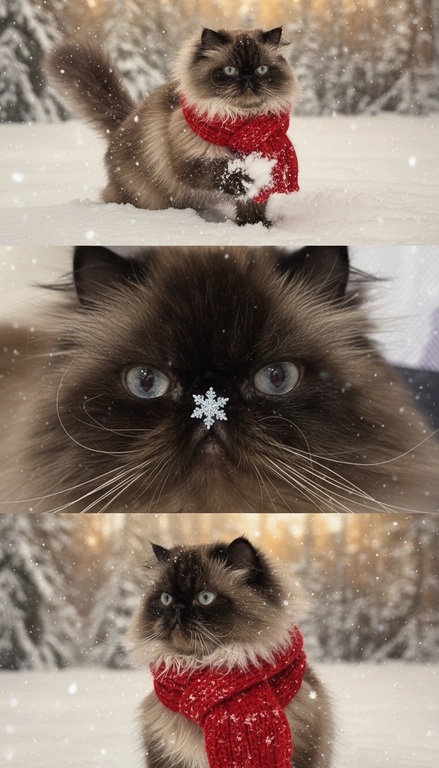     Коллаж из 3-Х фото моего питомца на зимнем фоне в снегу. Питомец в вязаном шарфе, вокруг падает снег, на заднем плане заснеженный лес.

Первый кадр — питомец в полный рост. Он играется со снегом 

Второй кадр — крупный план, увеличенный кадр мордочки питомца с одной снежинкой на носике. Мордочка питомца занимает весь кадр, взгляд прямо в камеру 
 
Третий кадр - портрет питомца, он смотрит в левую сторону. На фото виден шарф, на шарфу есть снежинки 

Три кадра объединены в вертикальный коллаж в едином тоне и свете. Атмосфера — реалистичная, теплая и немного кинематографичная.
Свет мягкий, утренний.  Цвет шарфа - красный 