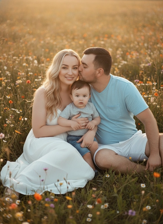 Женщина сидит и держит на руках ребёнка мальчика 2 с половиной года, на женщине платье белое длинное, у женщины волосы светлые длинные, ребенок сидит на руках у женщины, на ребенке одеты футболка серая, шорты джинсовые, мужчина сидит рядом и целует женщину в щёчку, одет в футболка голубая, шорты белые, волосы и причёску не менять, лица женщины и ребёнка смотрят прямо, кругом поле в цветах, атмосфера теплая, летняя, золотой час, женщина улыбается, семейное фото, черты лица не менять